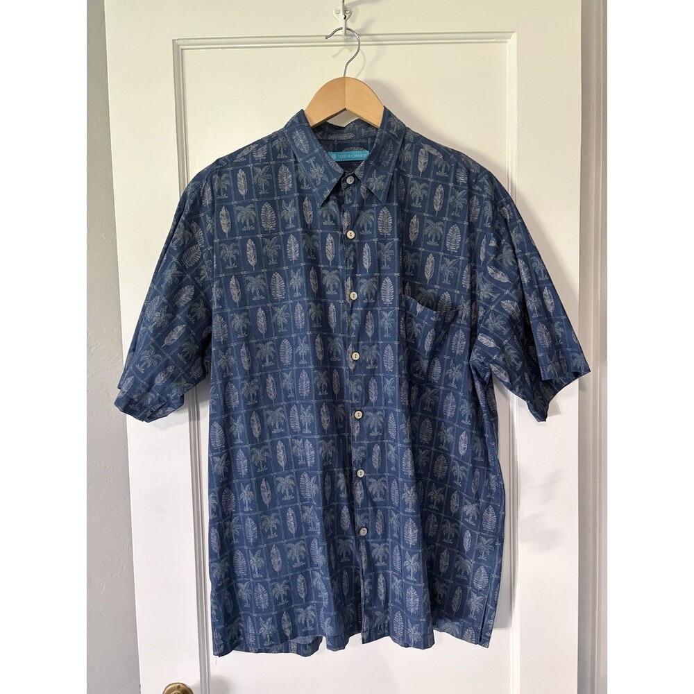 Tori Richard Hawaiian Aloha Shirt Men’s Large L Blue Palm Leaf Cotton Lawn USA